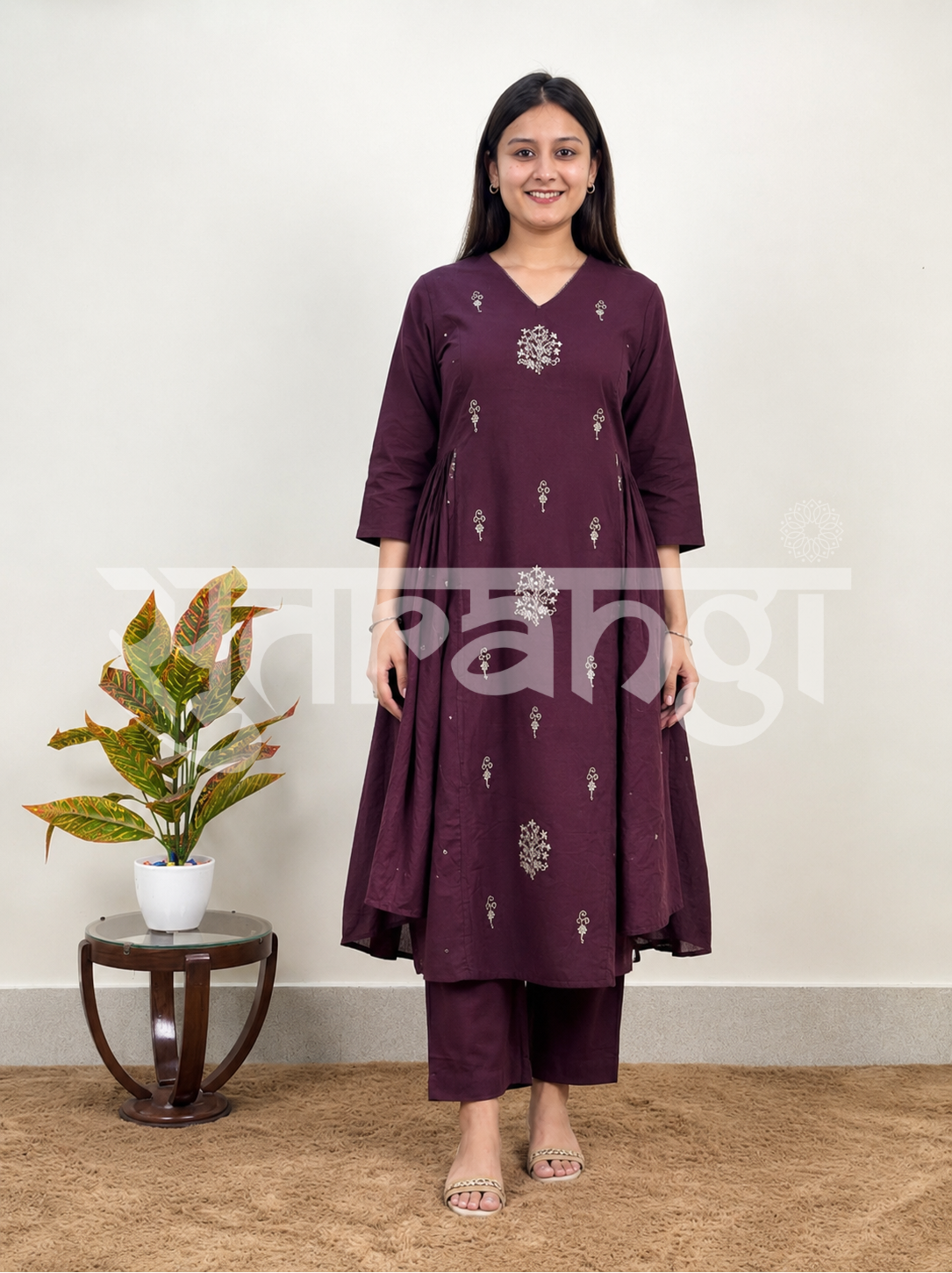 Dark Plum Embroidered Flared Kurta Set