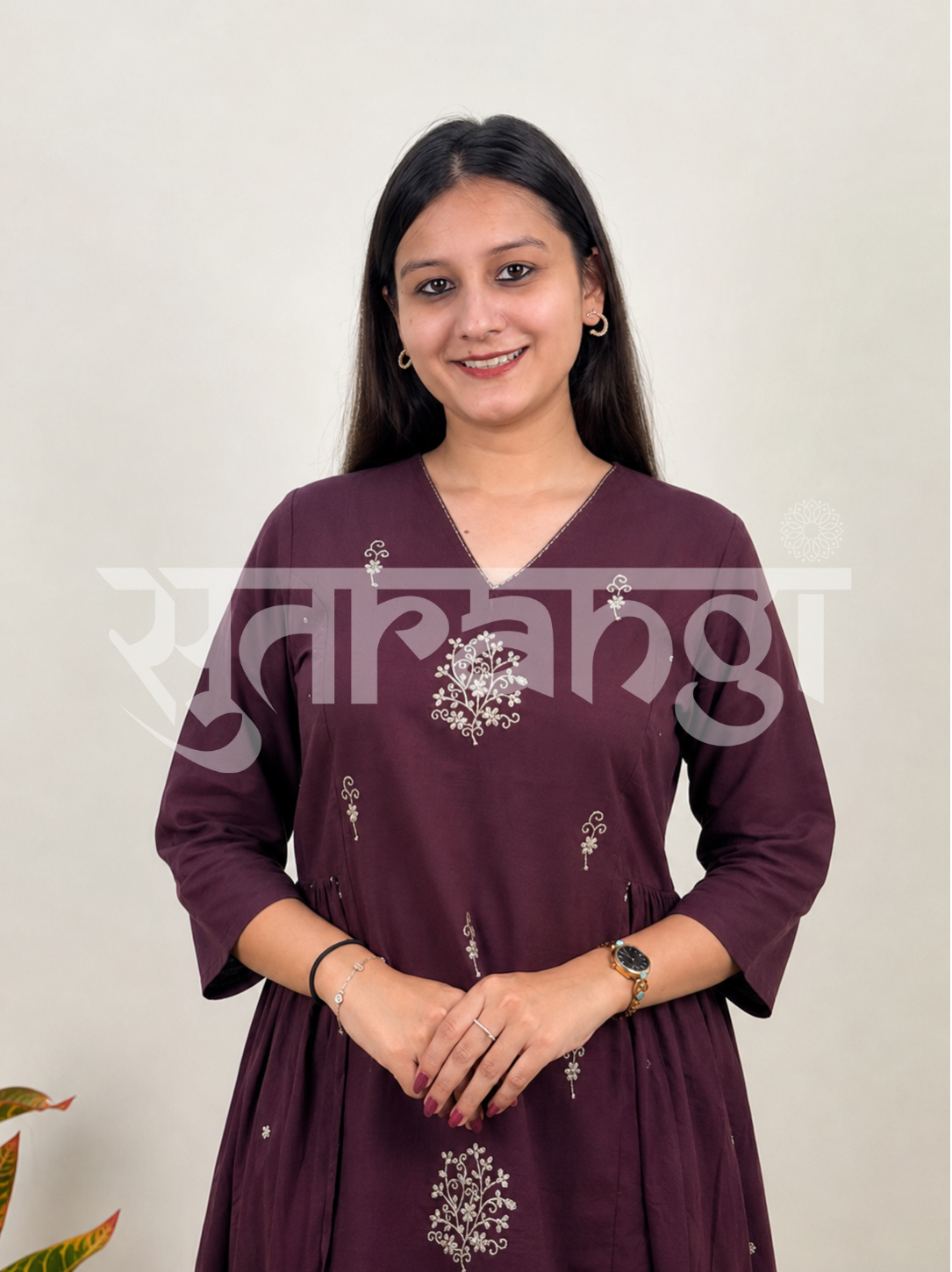 Dark Plum Embroidered Flared Kurta Set