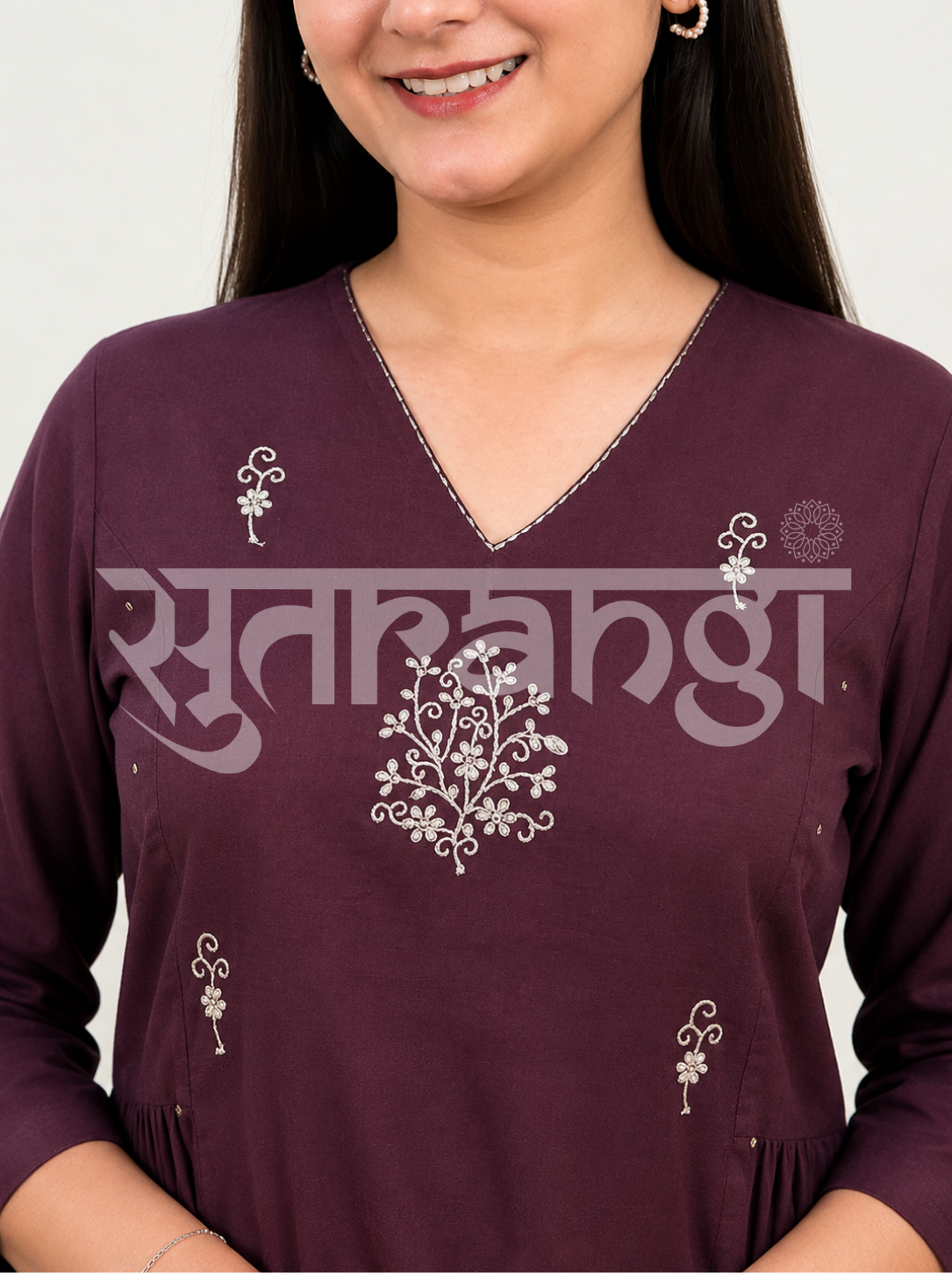 Dark Plum Embroidered Flared Kurta Set