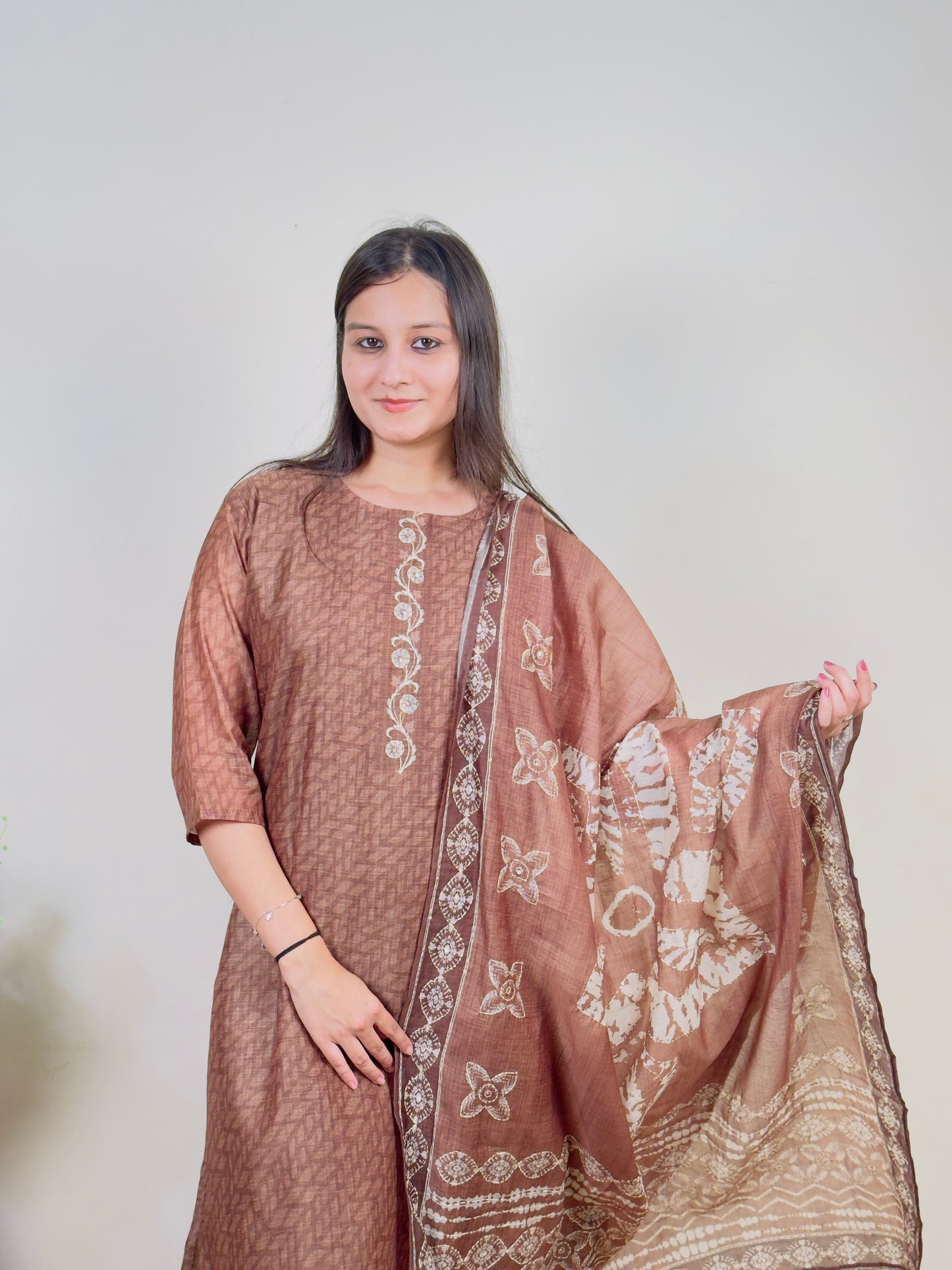 Mocha Brown Cotton 3-Piece Suit Set