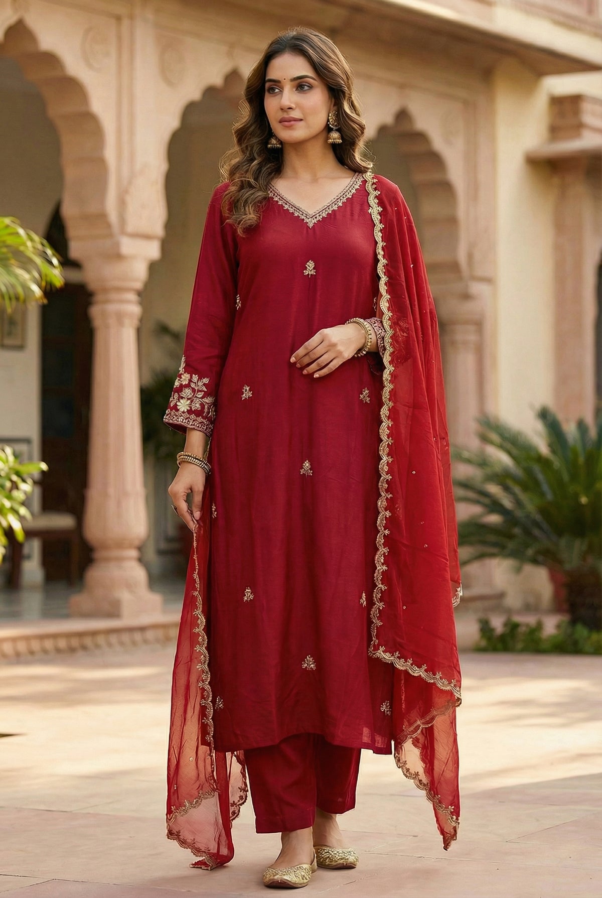 Blood red 3-piece in dola silk
