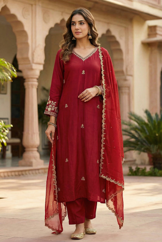 Blood red 3-piece in dola silk