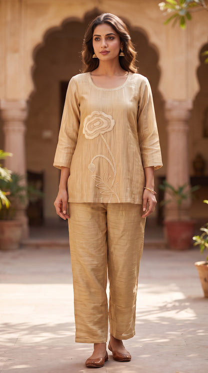Golden Petal Embroidered Co-Ord Set