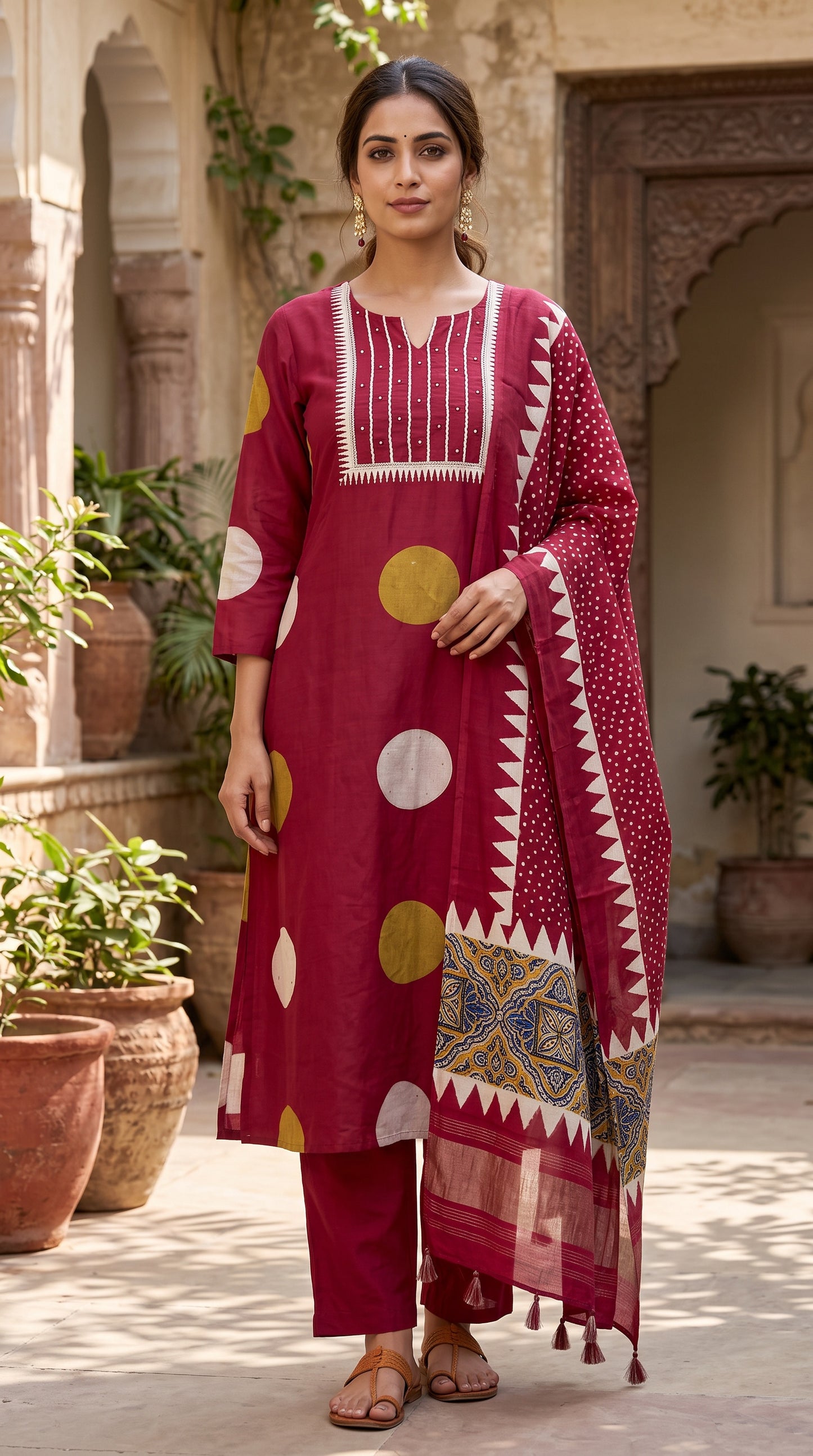 Maroon Dabu Dot Kurta Set