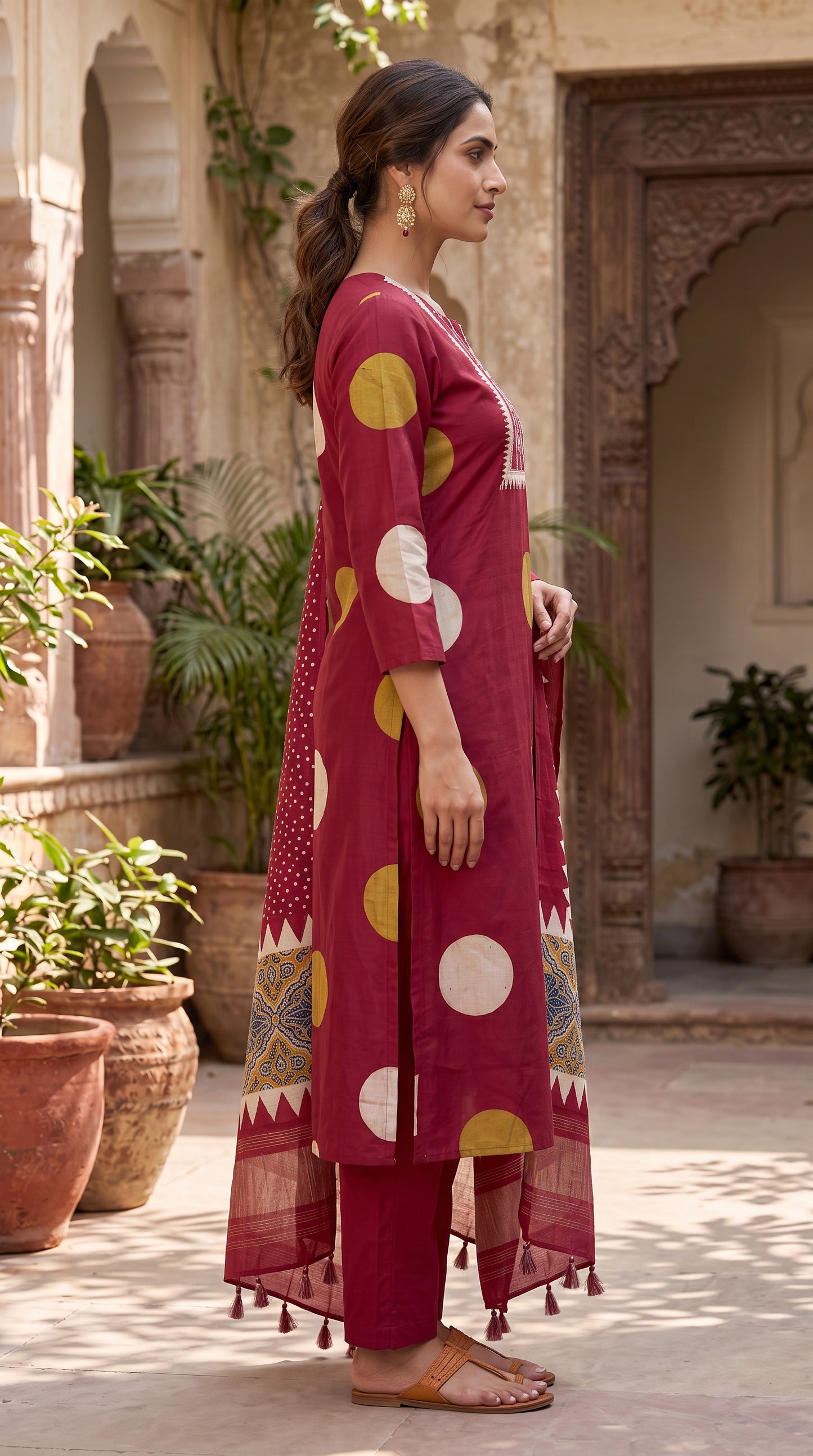 Maroon Dabu Dot Kurta Set
