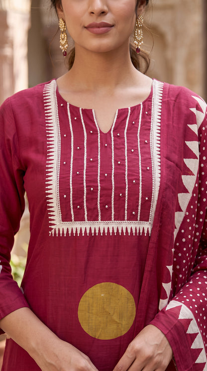 Maroon Dabu Dot Kurta Set