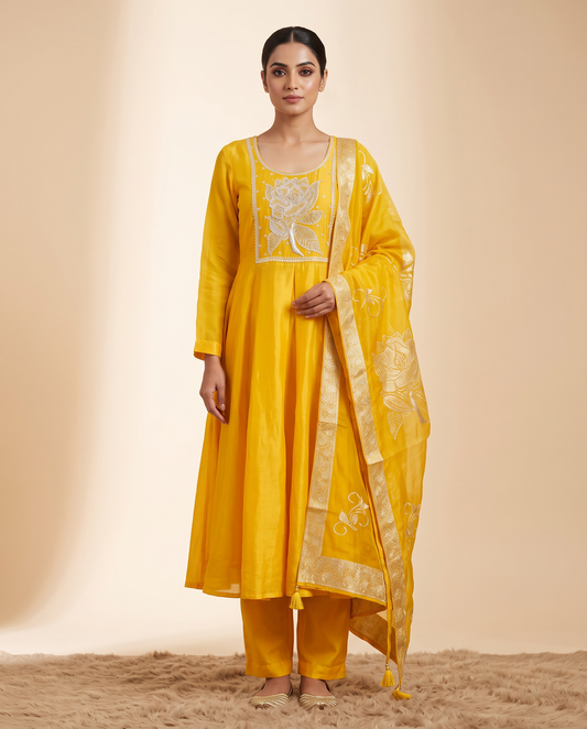 Mustard Yellow Embroidered Anarkali Set – Mustard Yellow anarkali suit by Sutrangi