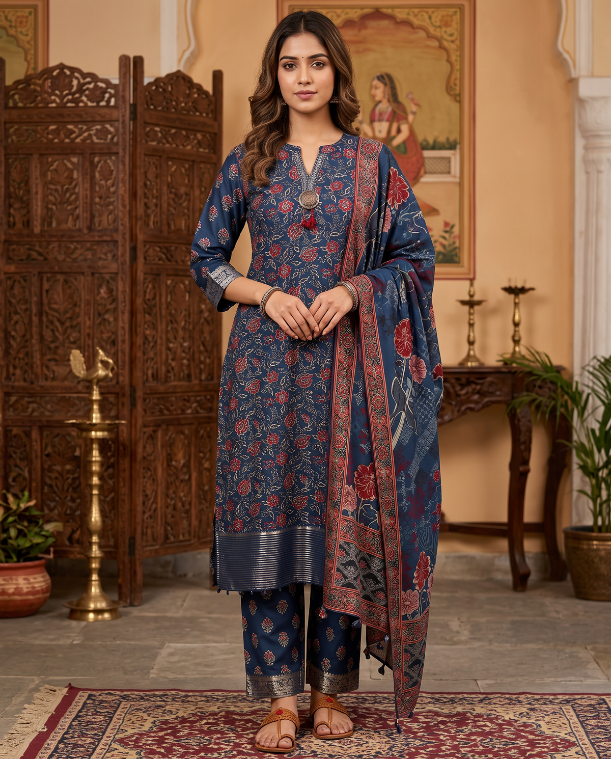 Indigo Floral Printed Kurta Set – Navy Blue kurta set by Sutrangi