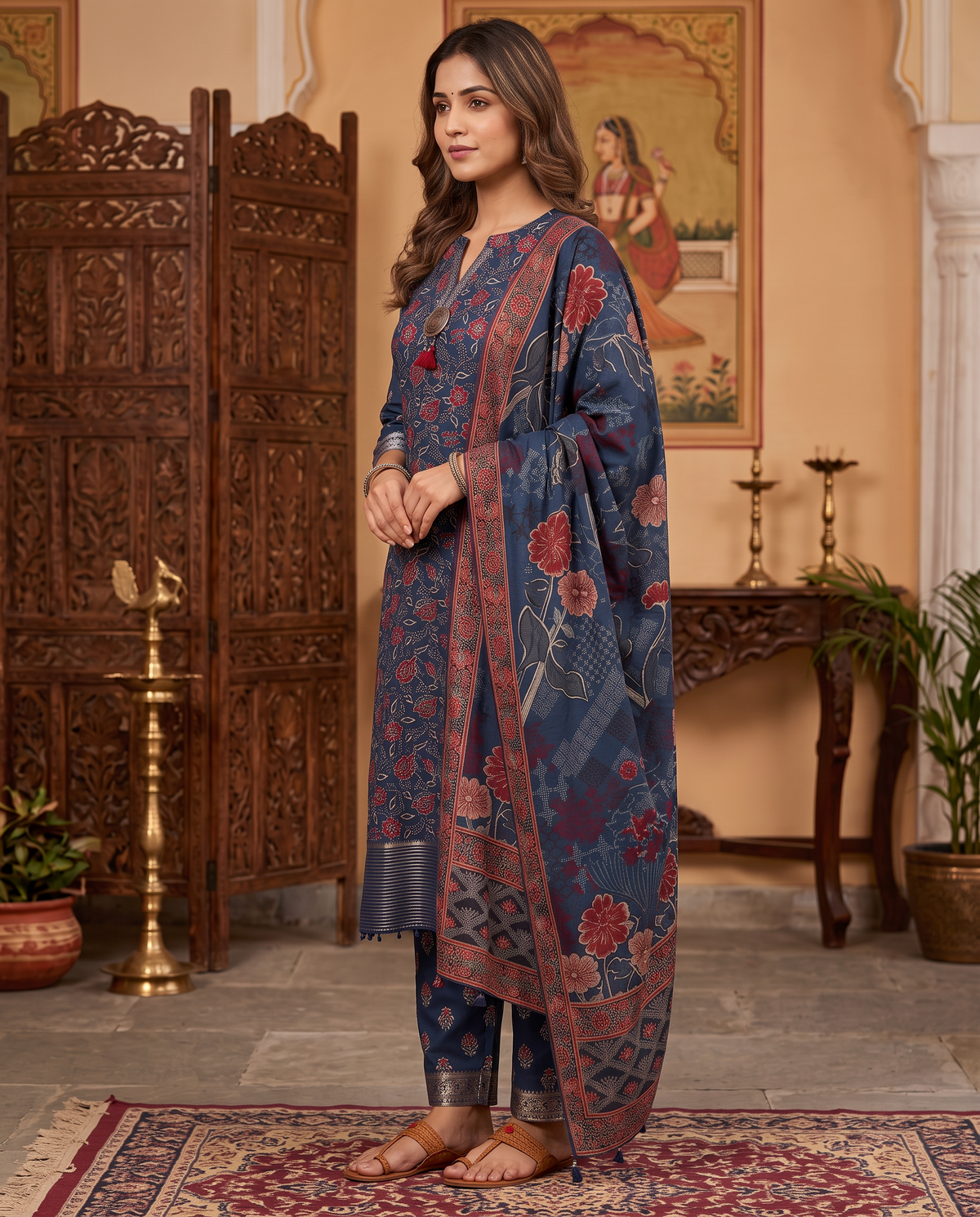 Indigo Floral Printed Kurta Set – Navy Blue kurta set by Sutrangi (view 3)