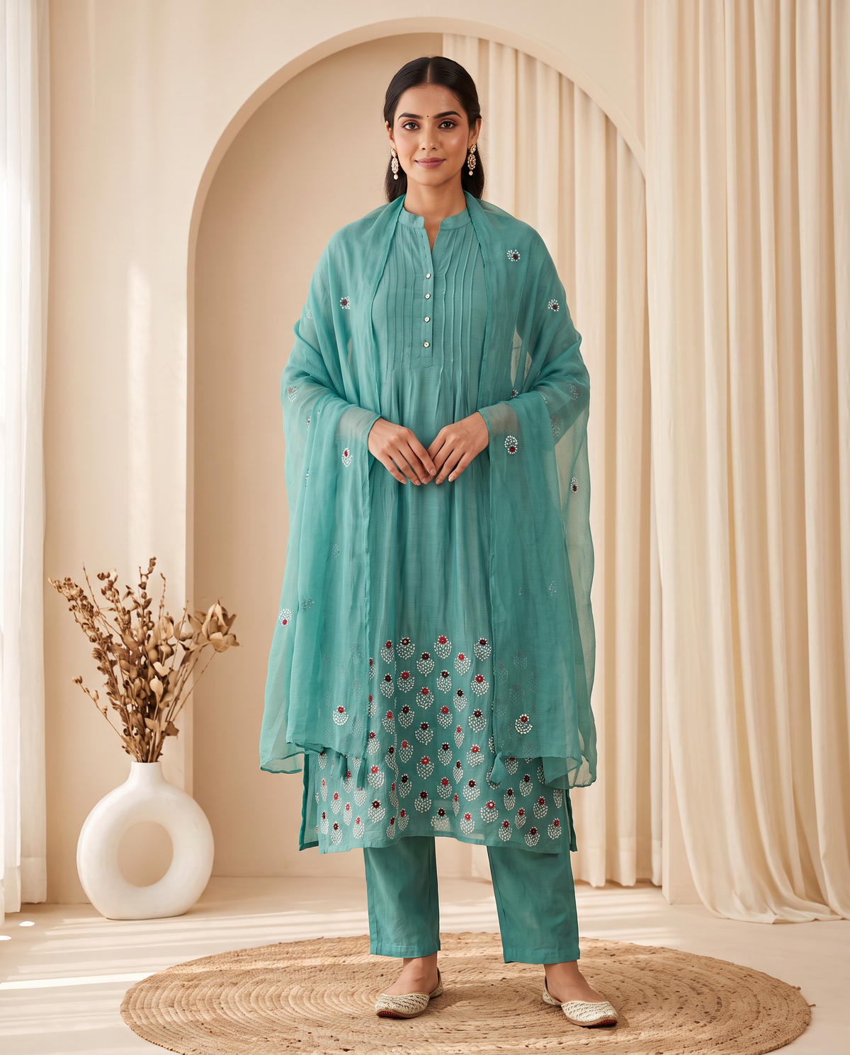 Seafoam Floral Embroidered Kurta Set – Teal Green party wear suit by Sutrangi