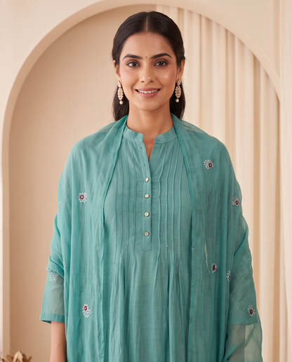 Seafoam Floral Embroidered Kurta Set – Teal Green party wear suit by Sutrangi (view 2)