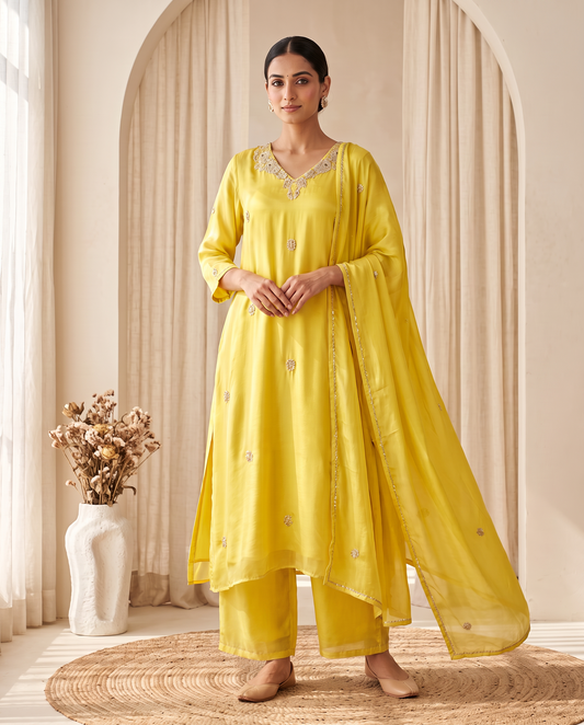 Sunlit Zari Yellow 3-Piece Set – Yellow party wear suit by Sutrangi