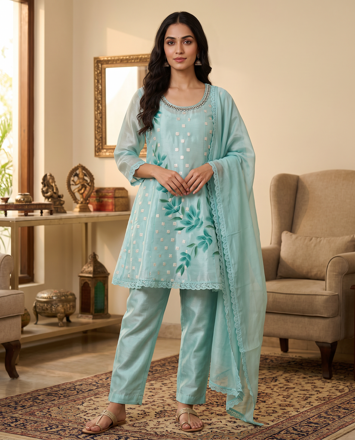 Aqua Bloom Embroidered 3-Piece Set