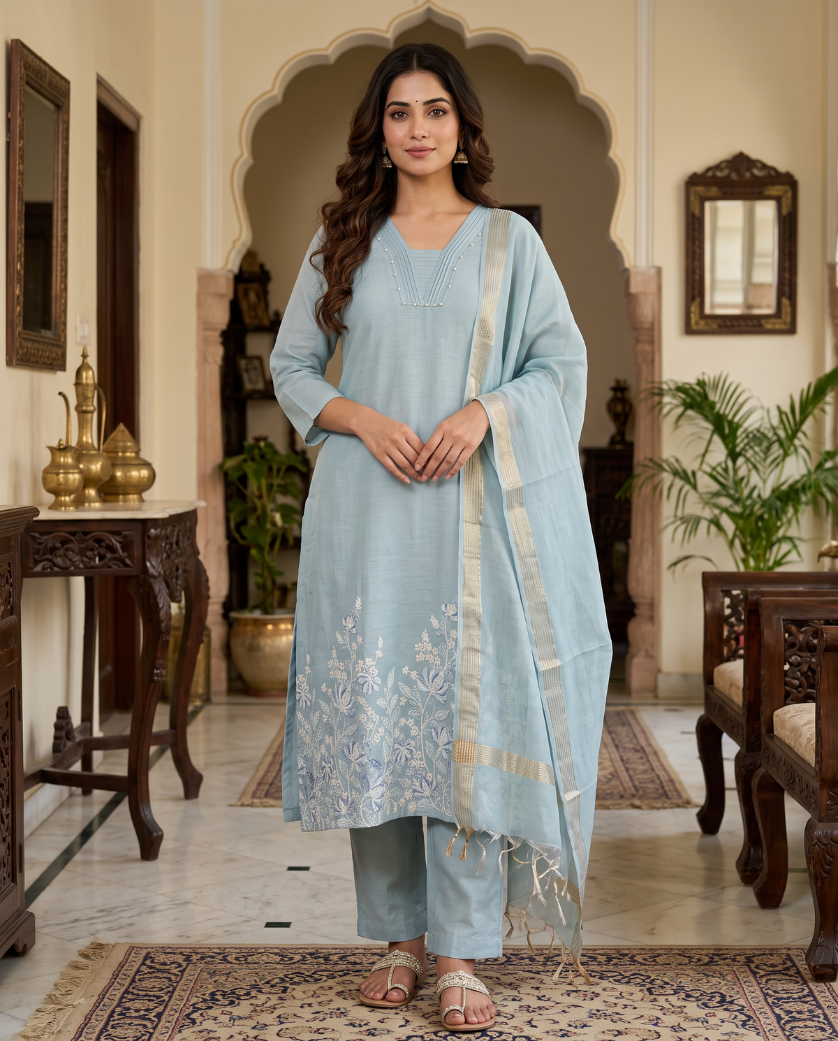 Powder Blue Embroidered Kurta Set